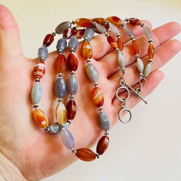 VTG Agate Natural Beaded Necklace double strand Sterling silver 925 Collar 18"L - Picture 1 of 7